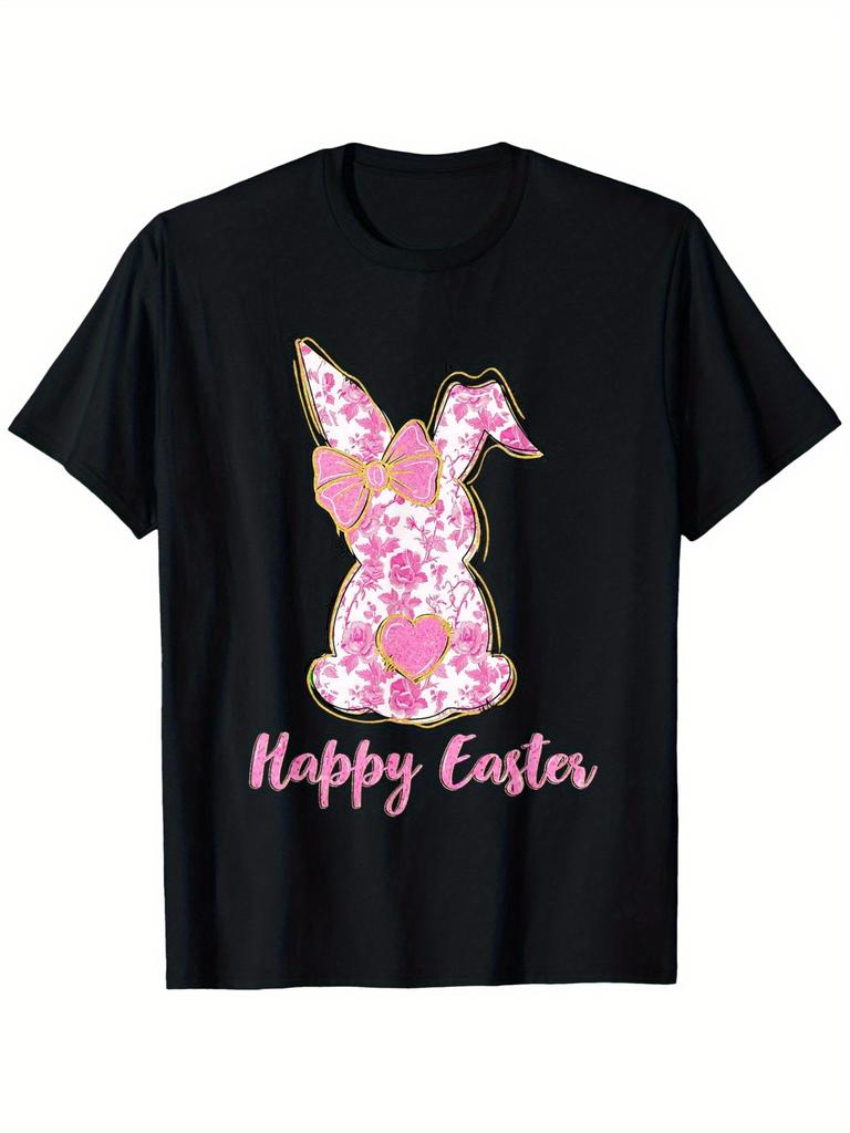 Pink Floral Easter Bunny Rabbit Graphic T-Shirt Cute Floral Festive Cotton Crew Neck Tee for Women