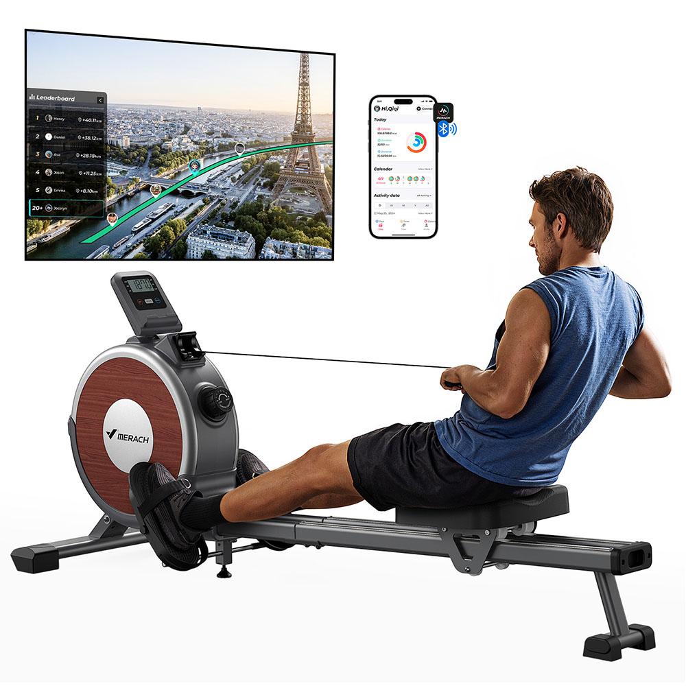 MERACH Q1S Magnetický veslovací trenažér, 16 úrovní odporu, nosnost 350 liber, dvojitá kolejnice, LCD monitor, kompatibilní s aplikací, černý