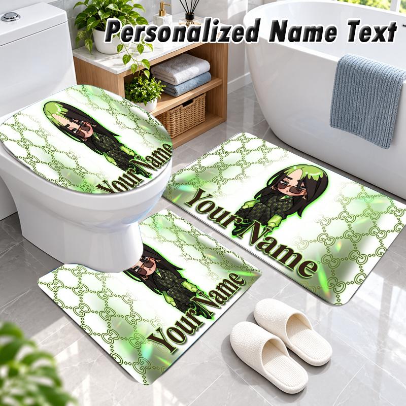 Billie Eilish Custom Name 3Pcs Flannel Bathroom Mat Set Toilet Rug Personalized Bath Decor