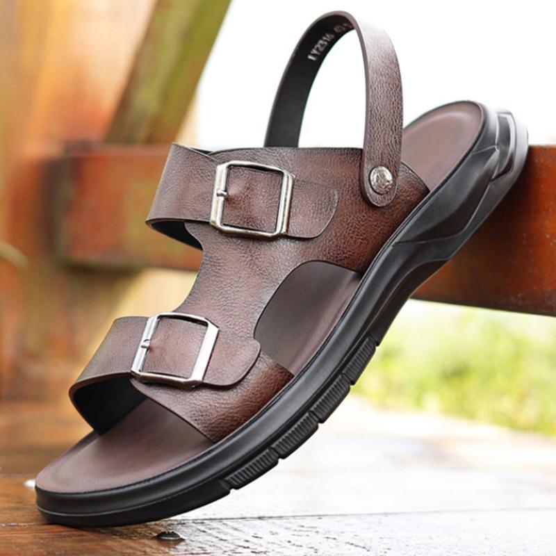 Fashion Men's Breathable Leather Sandals Solid Color Men Summer Shoes Casual Comfortable Open Toe Sandals Soft Beach Shoes