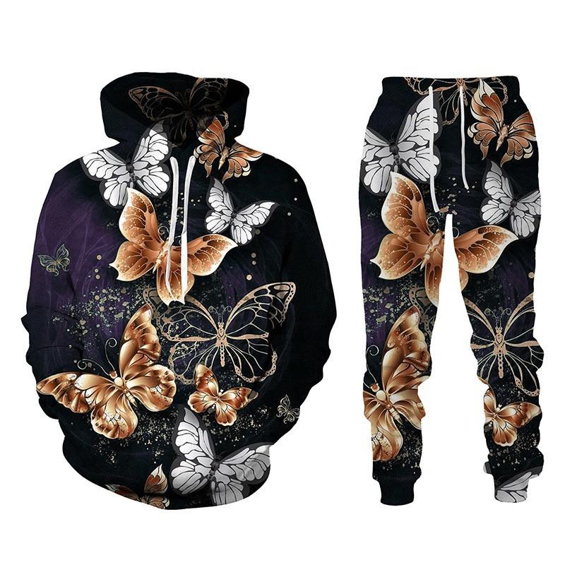 3D Butterfly Printed Men's 2-piece Outfits Casual Men Women Hooded Sweatshirt Suit Autumn Oversized Fashion Tracksuit Pants Sets