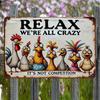 Funny Chicken Coop Sign Relax Were All Mad  Retro Iron Metal Wall Decoration with Cartoon Hen Pattern Country Style Ind