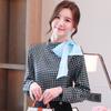 Fashionable and Small Stand-up Collar Shirt for Women Long Sleeve Houndstooth Print Contrasting Bow Tie