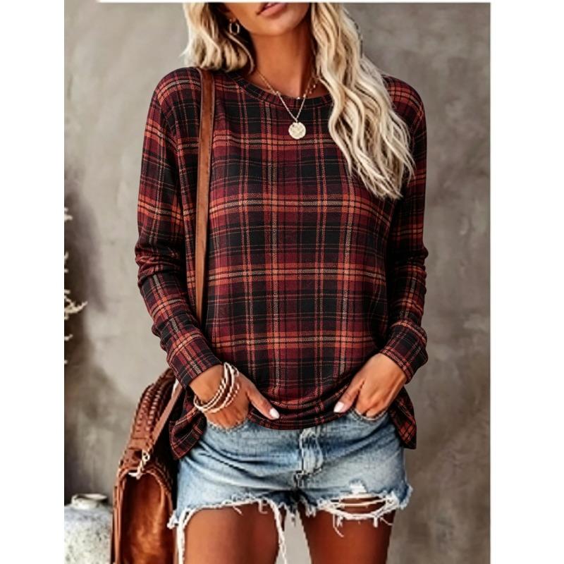 Women Long Sleeve T‑Shirt Blue White Plaid Checkered Vintage Print Crew Neck Casual Fall Tops