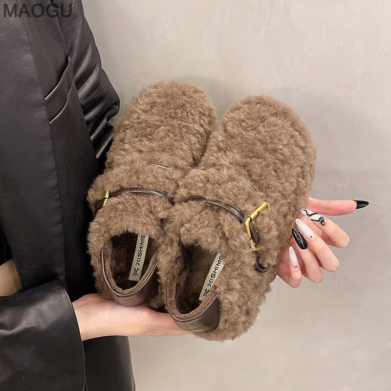2026 Autumn Winter Plush Cotton Shoes Versatile Warm Women Belt Buckle Fashion Platform Shoes Women's Comfortable Casual Loafers