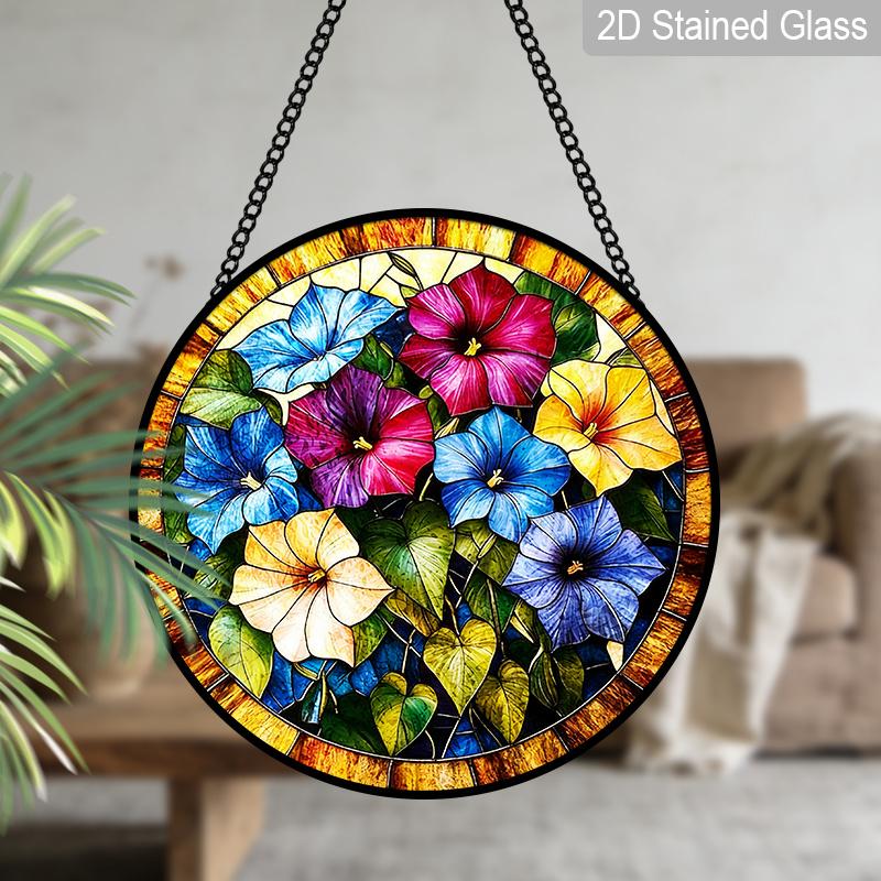 2D Flat, 1pc Morning Glory Round 7.87in Glass Suncatcher, Multicolor Morning Glory Floral Print Window Hanging Ornament, Climbing Flower Home Decor