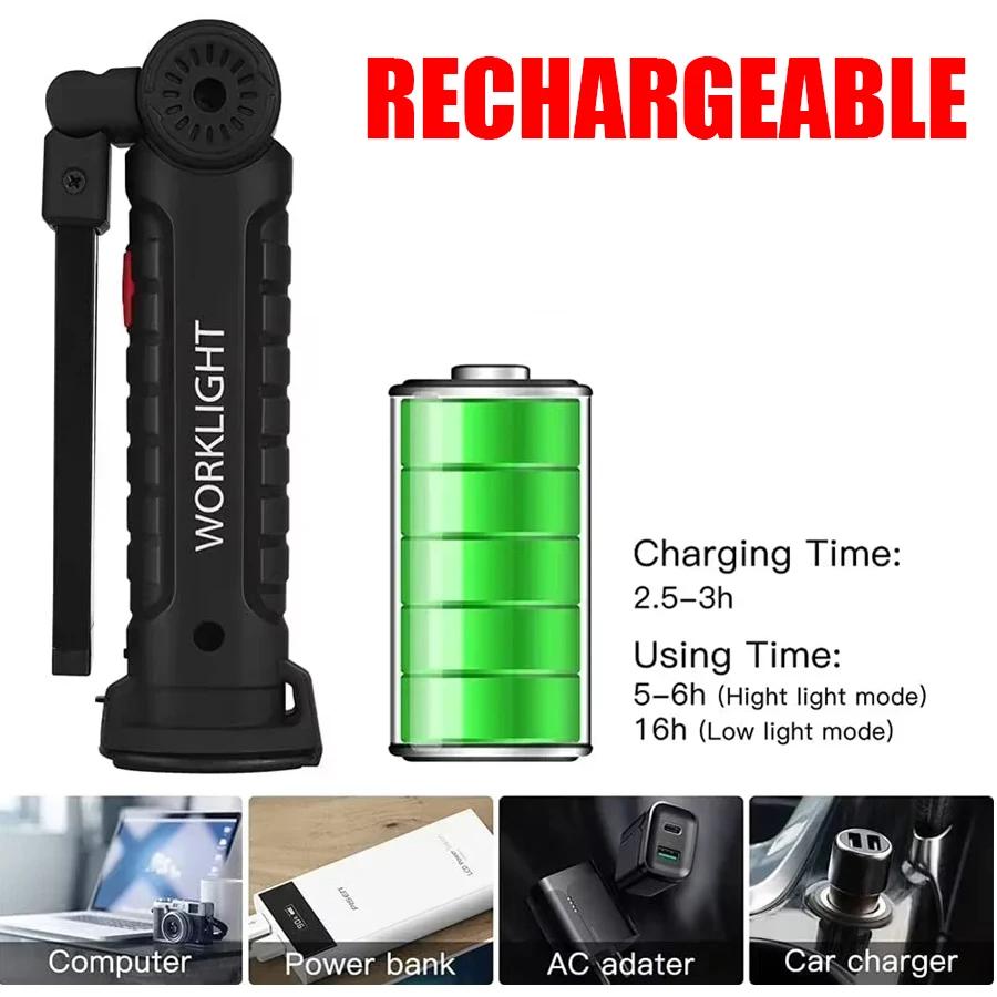 Rechargeable Magnetic Work Light Flashlight Portable Camping Lantern LED Lamp with Hook 360° Rotating,Outdoor Fishing Emergency