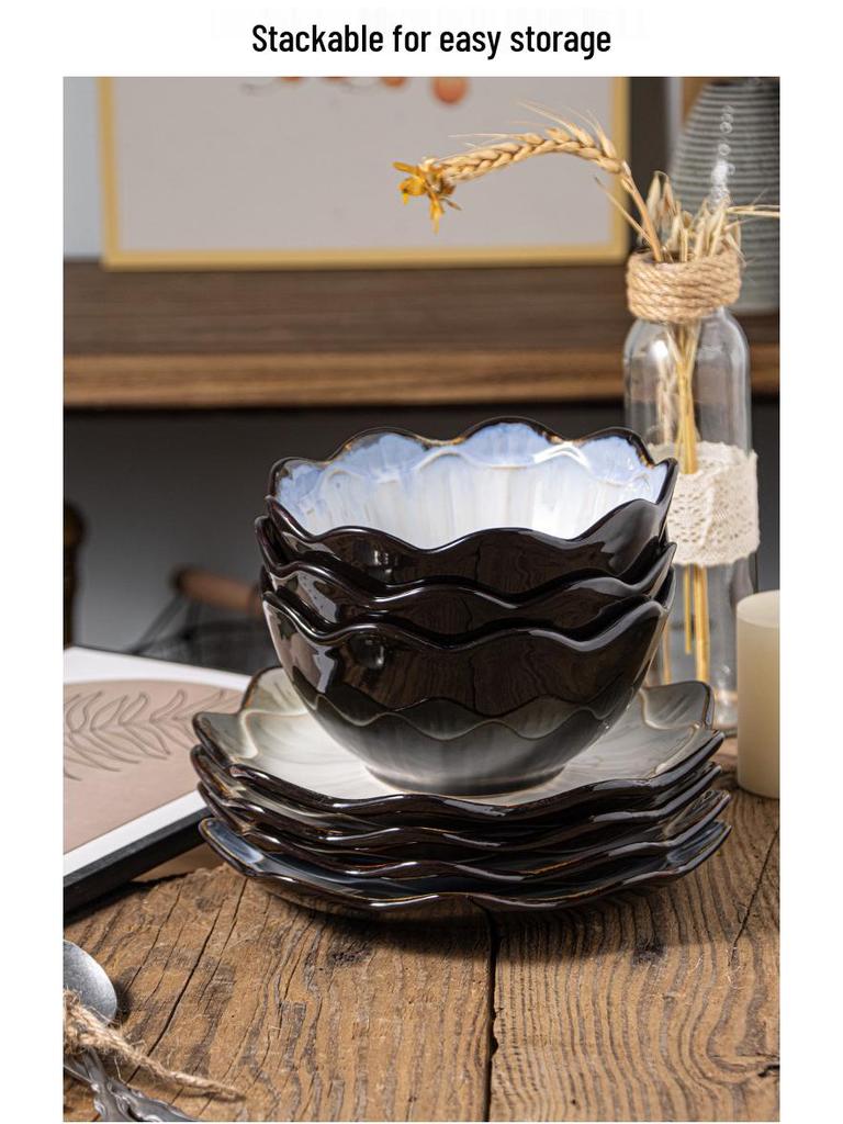 European Lotus Ceramic Irregular Plate and Salad Bowl Set