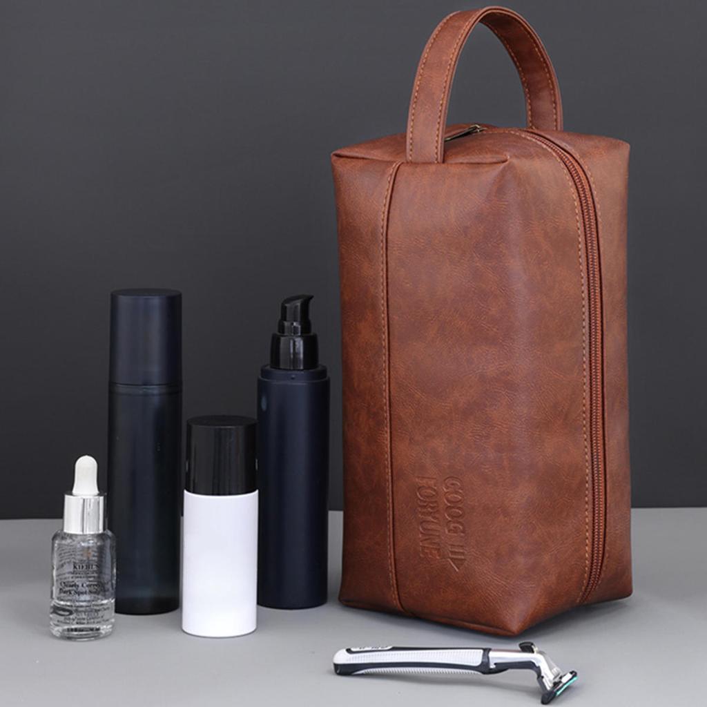 Men Leather Travel Business Shaving Cosmetic Bag Portable Toiletry Bag Large Capacity Organizer Handheld Toiletry Kits