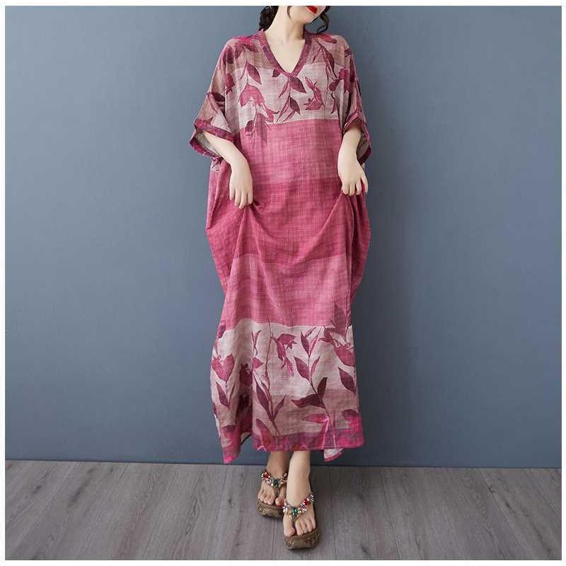 Women's V-neck Retro Long Skirt Cotton Linen Dress