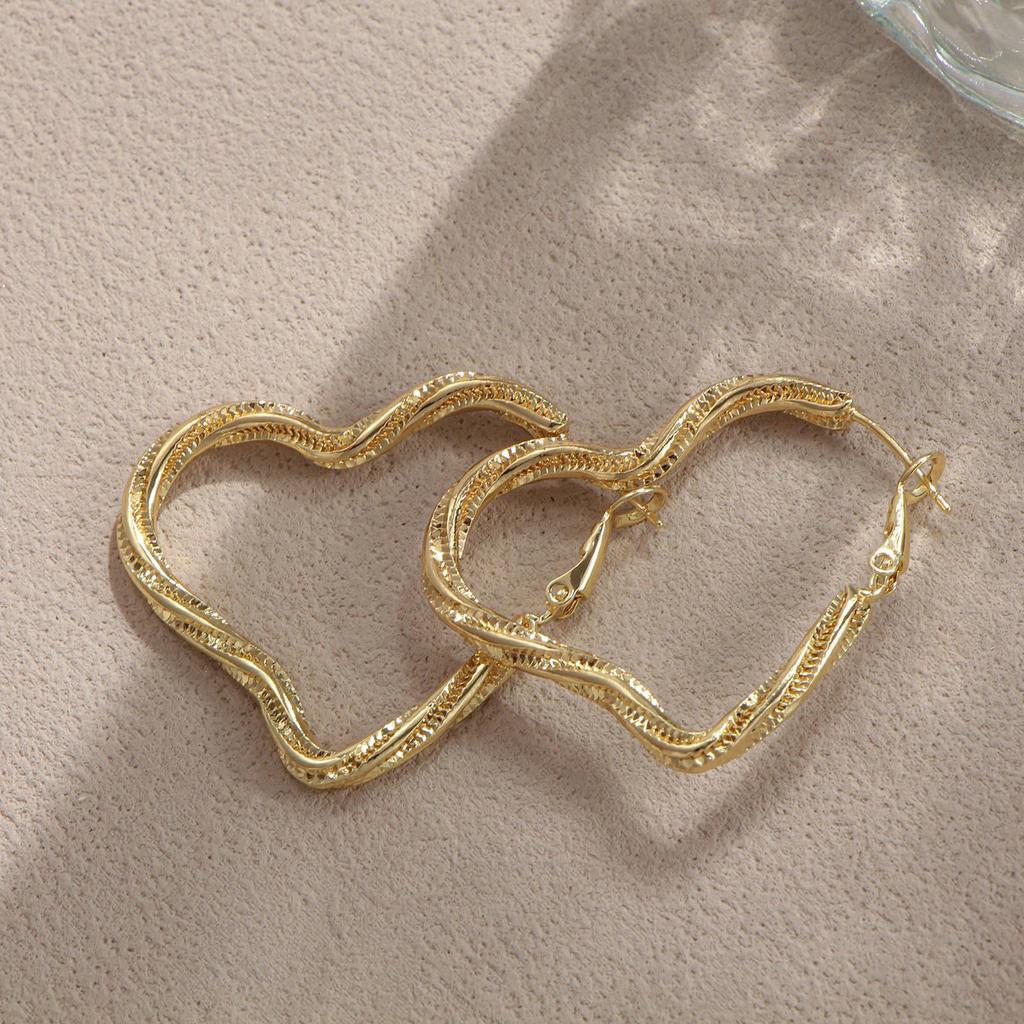 Copper Textured Hollow Heart Spring Hoop Earrings - Golden Sweet Women's Jewelry