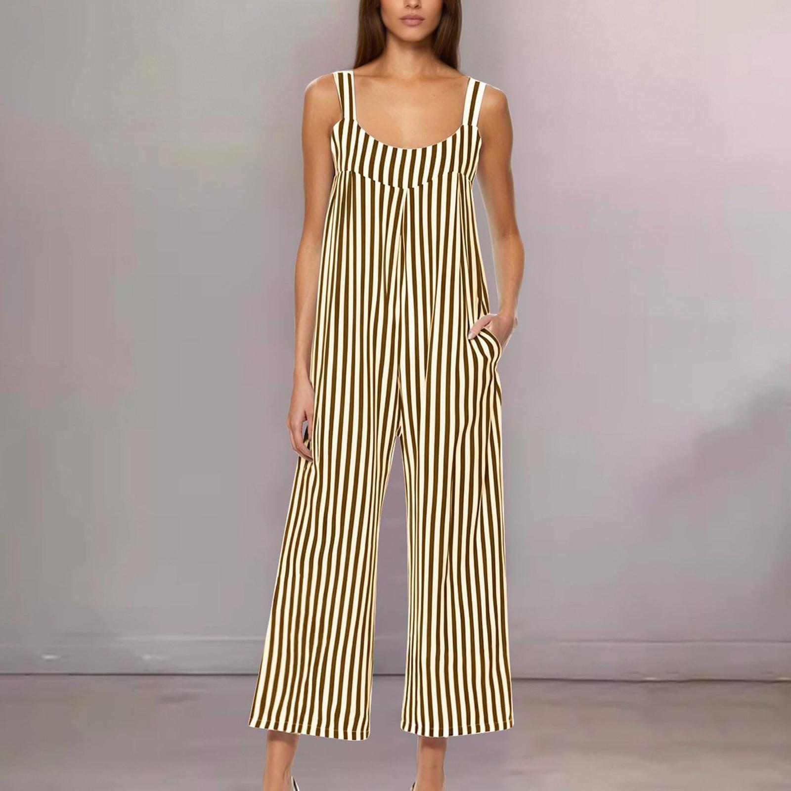 

Женские модные полосатые комбинезоны без рукавов с широкими бретелями, свободные летние трендовые комбинезоны с карманами XL жёлтый