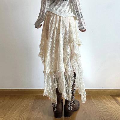 2024 Spring Lace Asymmetrical Skirt Fairycore Holiday Women Y2K Clothes High Waist Fashion Cute Mid Skirts Retro Aesthetic Lady