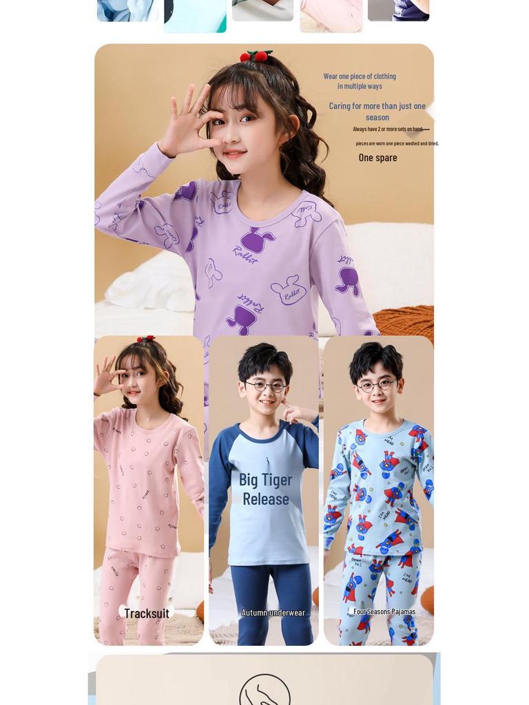 Kids' Seasonal Cotton Clothing Set: Boys' Autumn Trousers, Girls' Winter Warm Underwear, Small & Medium Children's Homewear