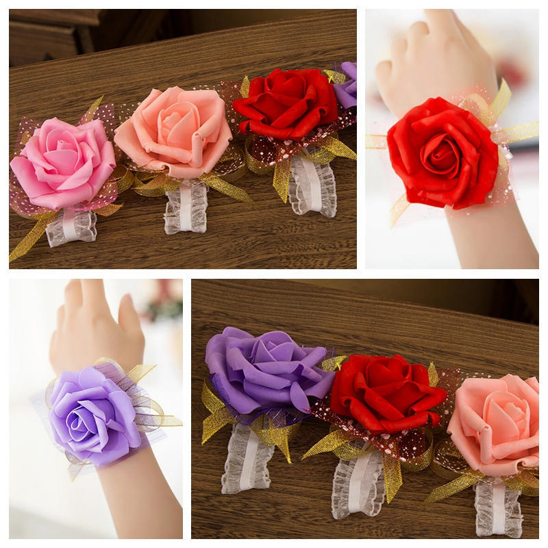 Bridesmaid Wrist Corsage Wedding Party Rose Bracelet Silk Flowers Ribbon