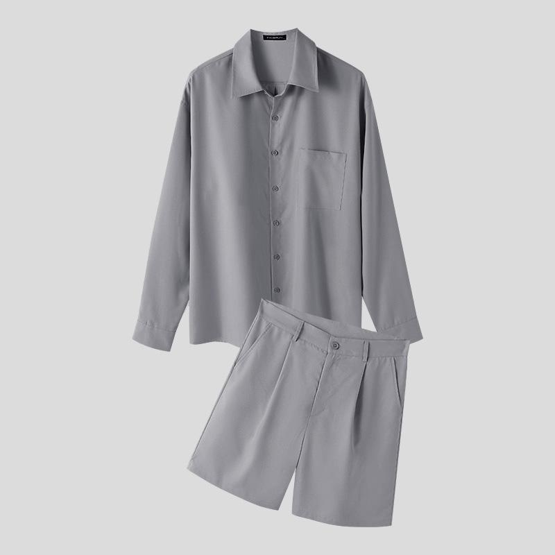 

INCERUN Комплект з двох предметів чоловічий сорочки з довгим рукавом шорти повсякденні штани XL світло-сірий колір