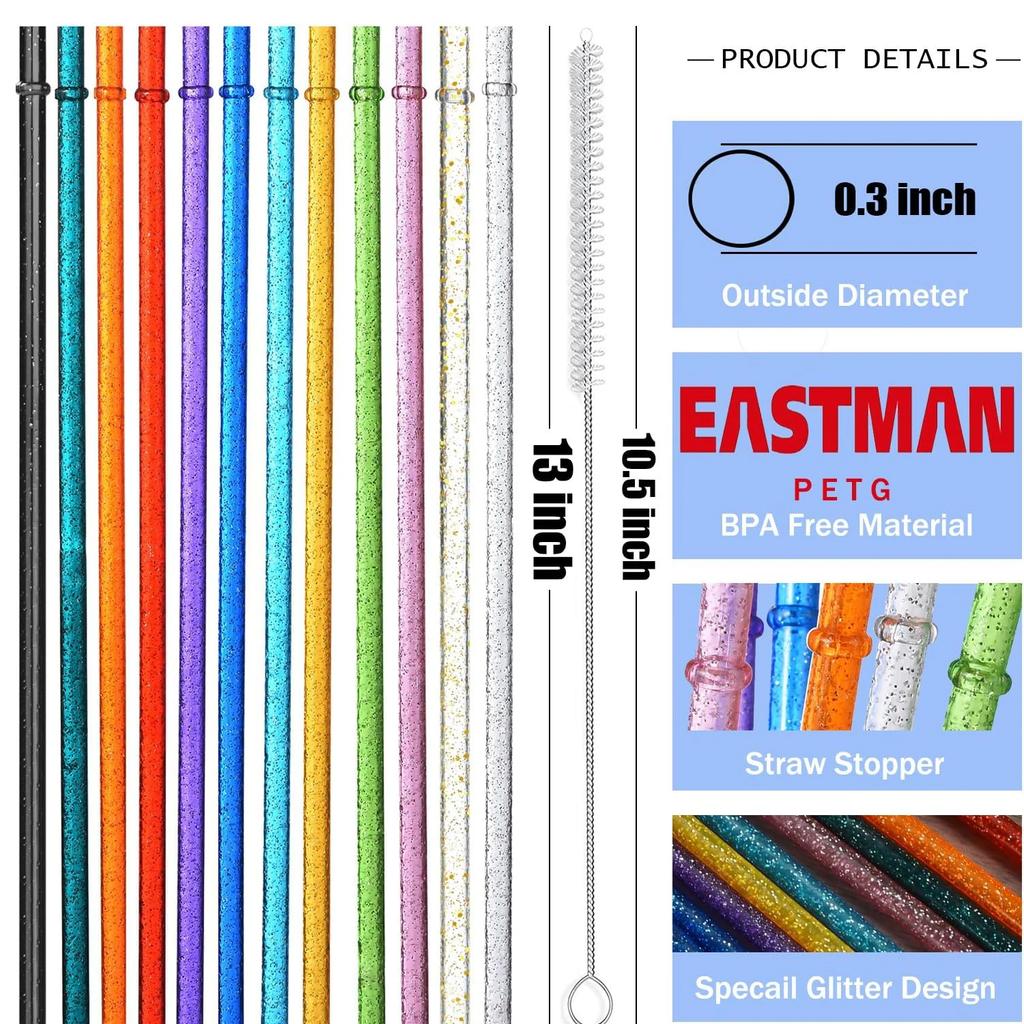 12pcs Reusable Random Color Clear Plastic Glitter Straws, 23CM Extra Long Tumbler Straws for Cups,Plus Cleaning Brush