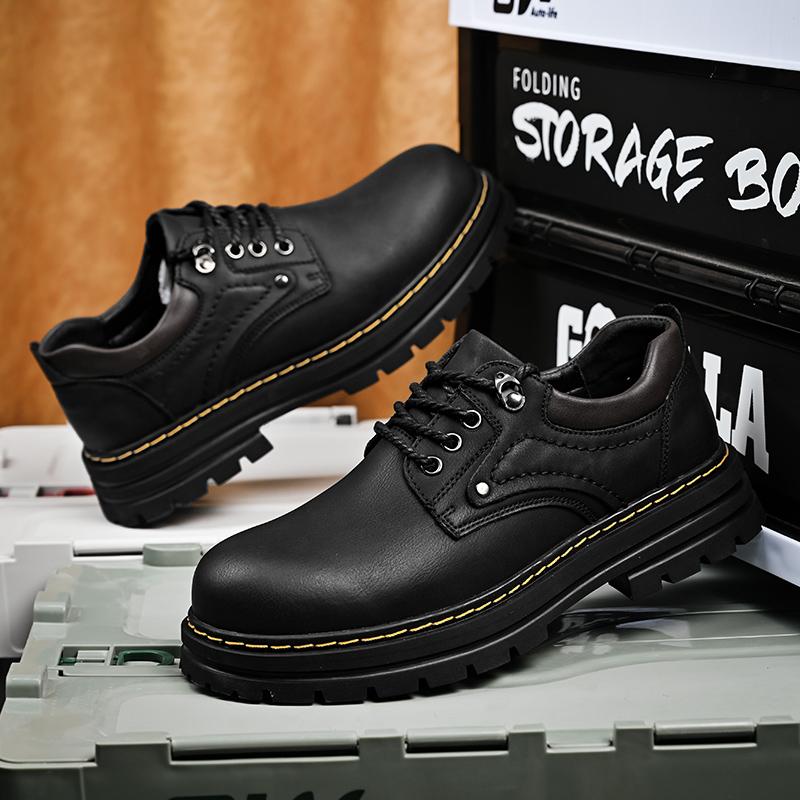 

Модные мужские кожаные туфли 2024 года, новые рабочие туфли на толстой платформе в стиле ретро для активного отдыха, весенне-осенние туфли дерби с низким верхом, мужские повседневные туфли на плоской подошве 45 чёрный