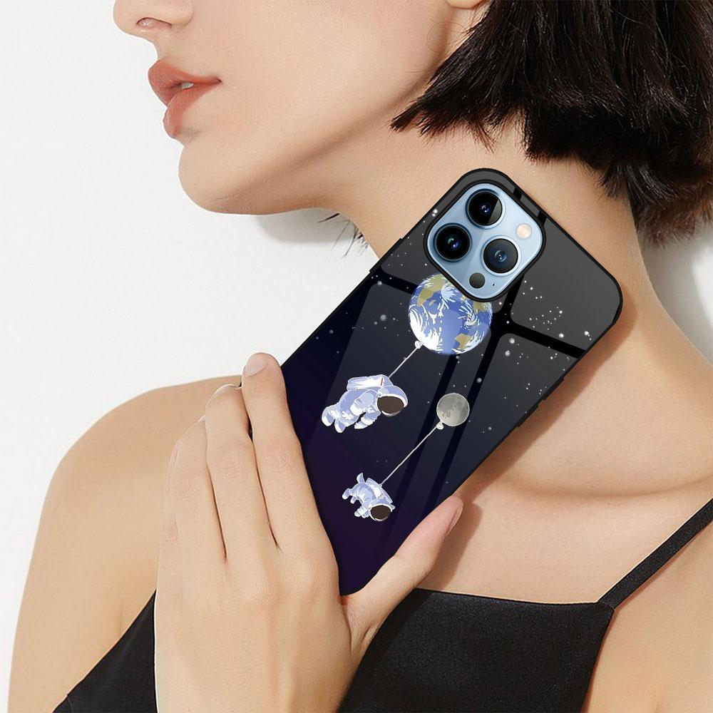 Cartoon Cute Astronaut Case For Iphone 14 13 12 11 Pro Max Mini Xs Xr X 7 8 6s Plus Se 2022 Glass Cover Protection Shell Fundas