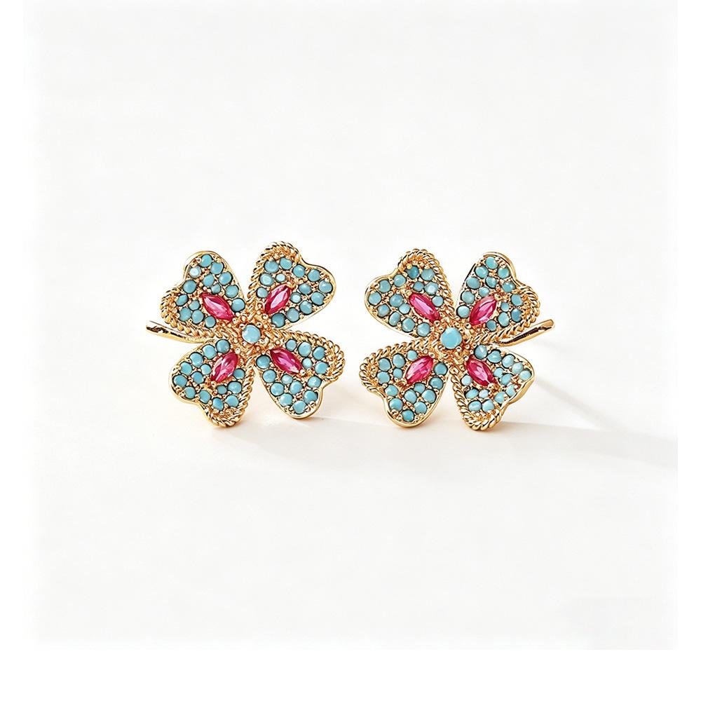 French Vintage Colorful CZ Four Leaf Clover Stud Earrings Delicate Drops