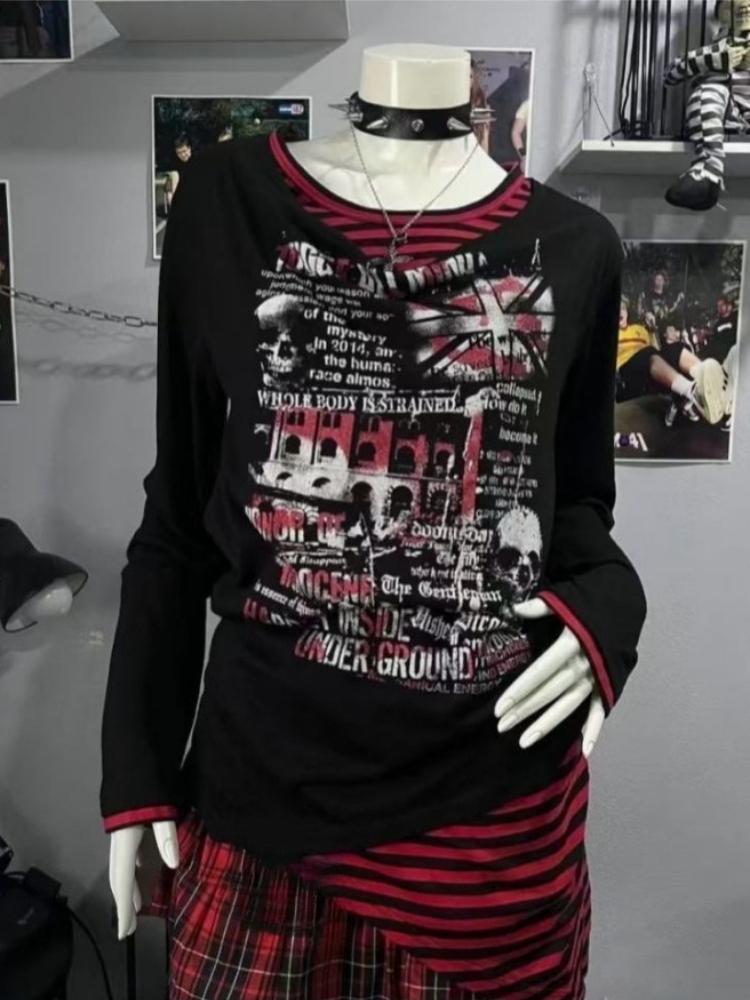2000s American Vintage Gothic Black Women T-shirts Punk Style Graphic Grunge Tshirts Harajuku Y2k Long Sleeve Tops Streetwear