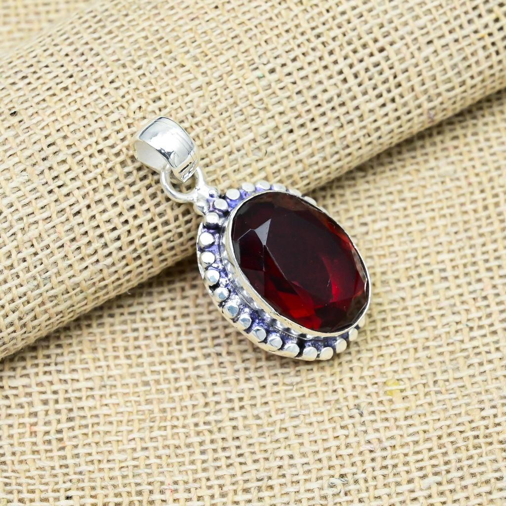 Grenat Rouge Pierre Précieuse Argent Sterling Massif 925 Fait Main Bijou Antique Cadeau Pour Mère Pendentif