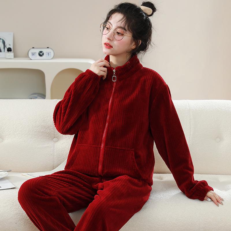 Women's Long Sleeve Coral Fleece Pajamas - Thick, Warm Flannel for Autumn and Winter