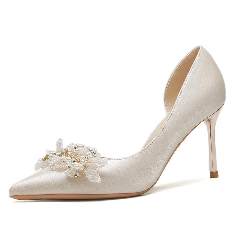 8330-5 High heels women's thin heels 2025 new wedding shoes pointed head shallow mouth side empty Xiuhe wedding dress bridal shoes