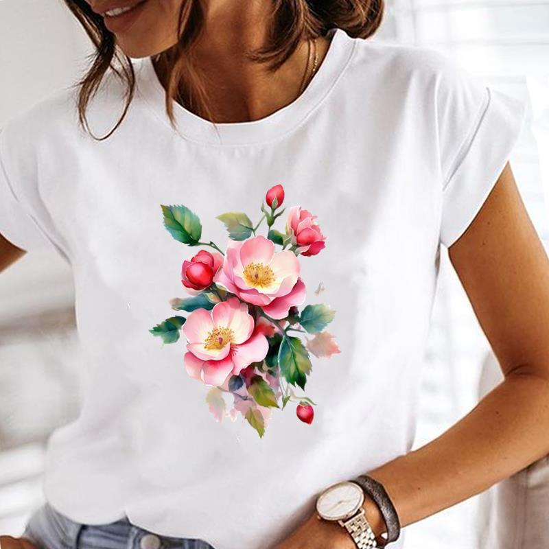 (Asian Size) flower letter Printed Tee Women Lady Female Top summer Clothing Casual T Shirt Fashion Graphic Short Sleeve T-shirts