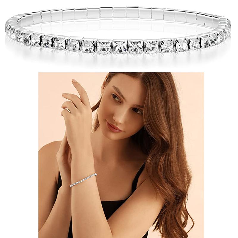 Wedding Elastic Rhinestone Stretch Bracelets,Twinkle Diamond Tennis Bangle,Band Silver Crystal Sparkling Bridal Stackable Bracelet