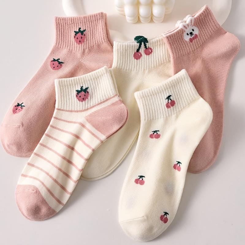 5 Pairs Women's Short Rib-Socks/Pink Cherry Strawberry Bunny Pattern/Comfortable Breathable Casual Street Style/Fruit
