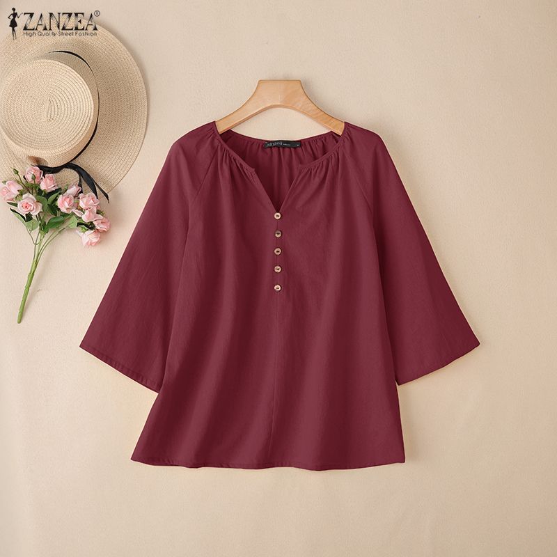 ZANZEA Lässige Damenbluse mit Rundhalsausschnitt und 3/4-Ärmeln, lockere Baumwollbluse