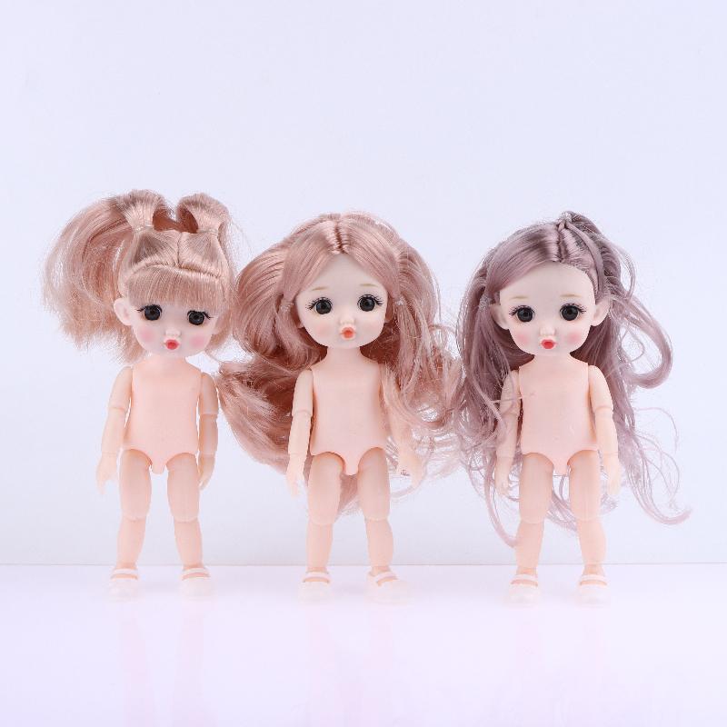 1 Set Nude Doll 3D Simulation Eyes 13 Joint Black Long Hair 1/8 17Cm Doll Plastic Doll Head Toys With Gold Brown Hair Kids Gift