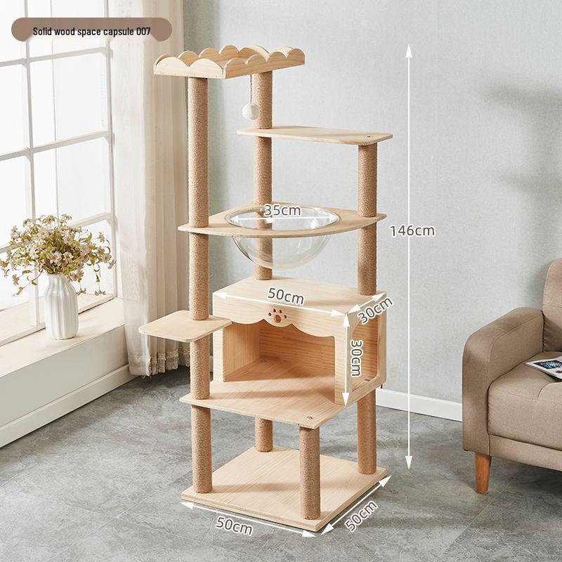 Solid Wood Multi-Layer Cat Climbing Frame with Space Capsule Bed and Shelf