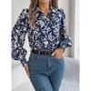 2026 Spring/Summer Elegant Contrast Color Floral Lantern Sleeve Turn-down Collar Shirt Casual Breathable Women's Top