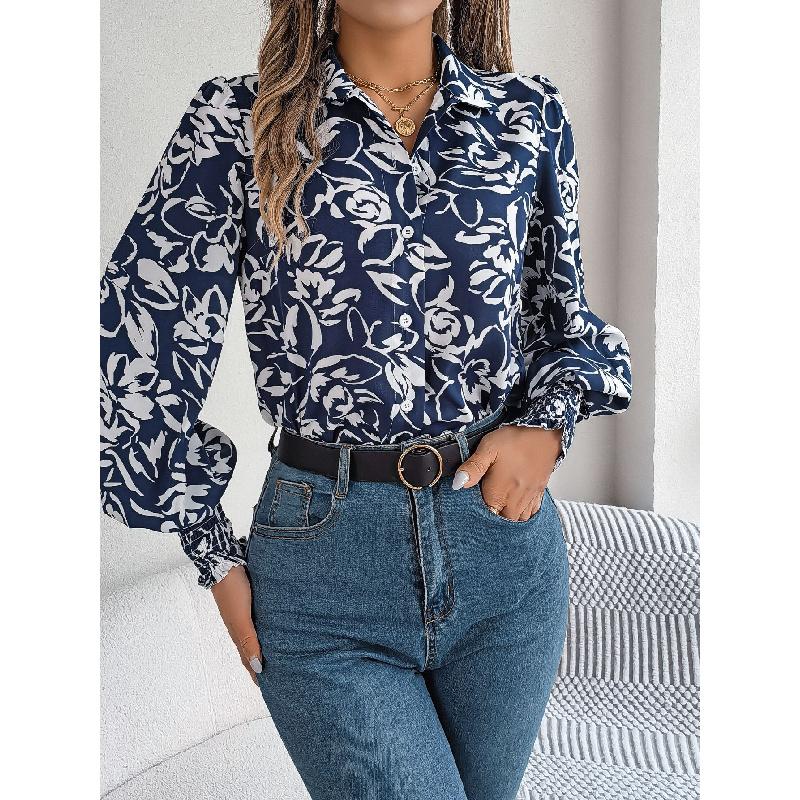2026 Spring/Summer Elegant Contrast Color Floral Lantern Sleeve Turn-down Collar Shirt Casual Breathable Women's Top