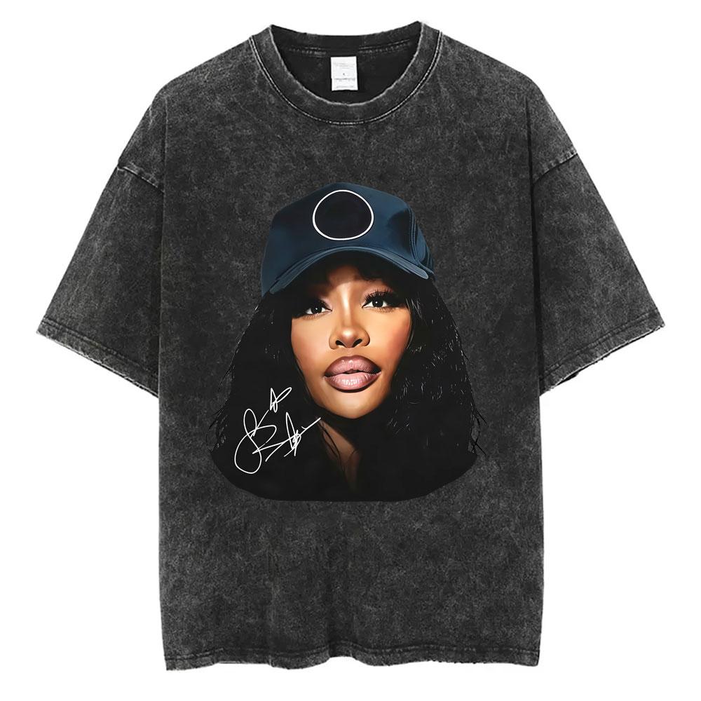 Washed Vintage Rapper SZA Face Graphic T-shirt Men Women Hip Hop Fashion Oversized T Shirts Men's Casual Cotton Retro T-shirts