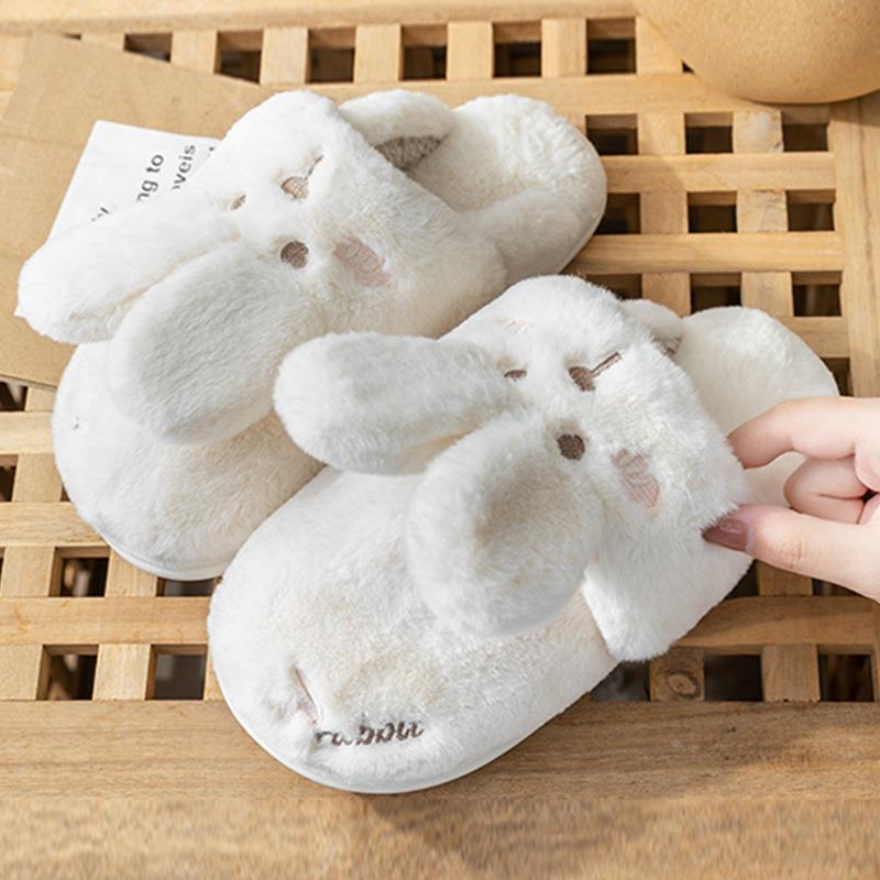 Cotton slippers women keep warm in autumn and winter cute little white rabbit hair plush confinement shoes bag and cotton mop household winter