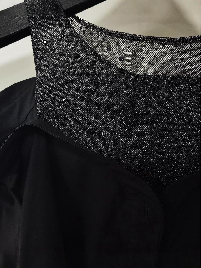 2026 Early Spring New Style Off-Shoulder Letter Crystal Mesh Patchwork Loose Long-Sleeve Women's Top