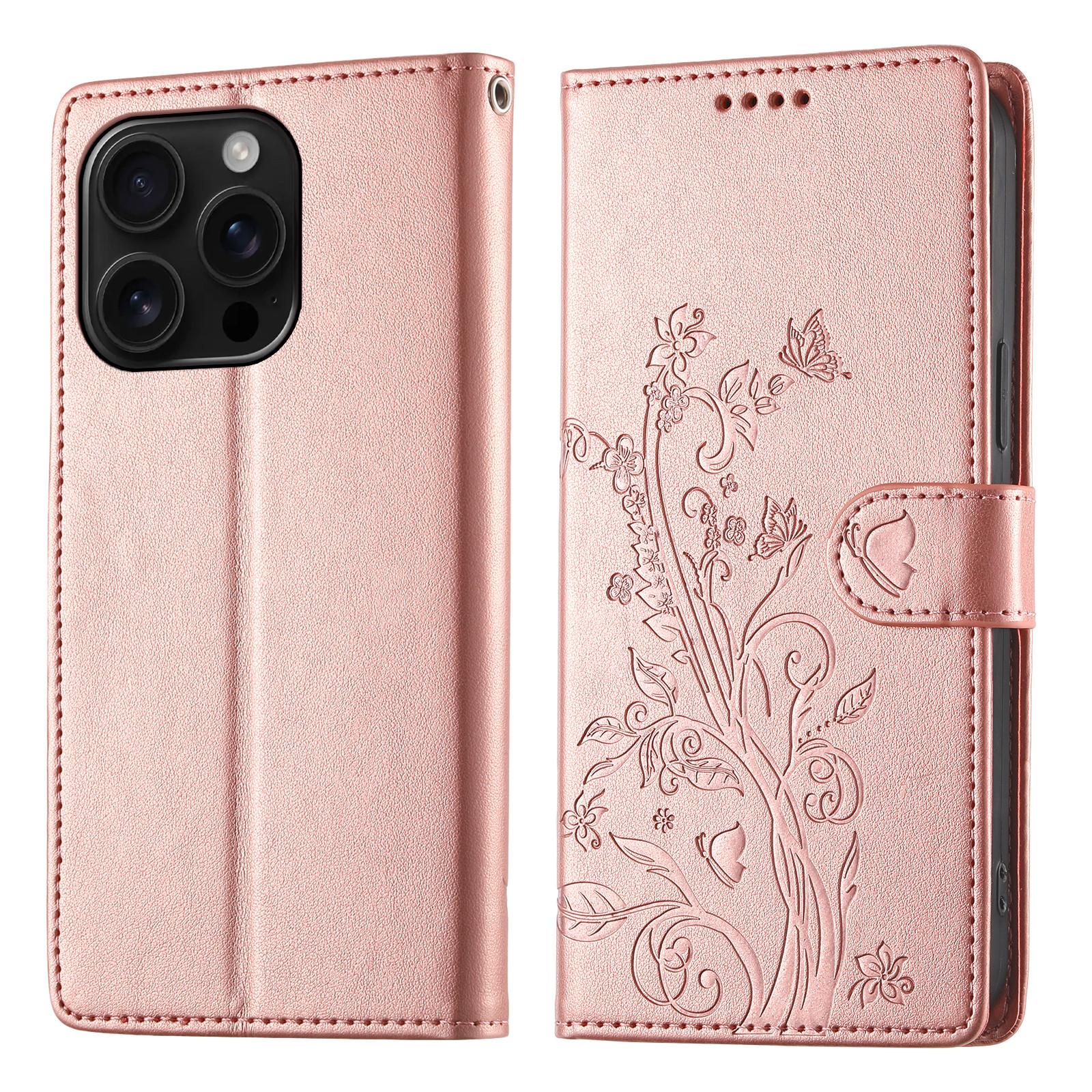 

For iPhone 16 Pro Max Wallet Case Butterfly Floral Imprint PU Leather Phone Cover with Wrist Strap Rose Gold
