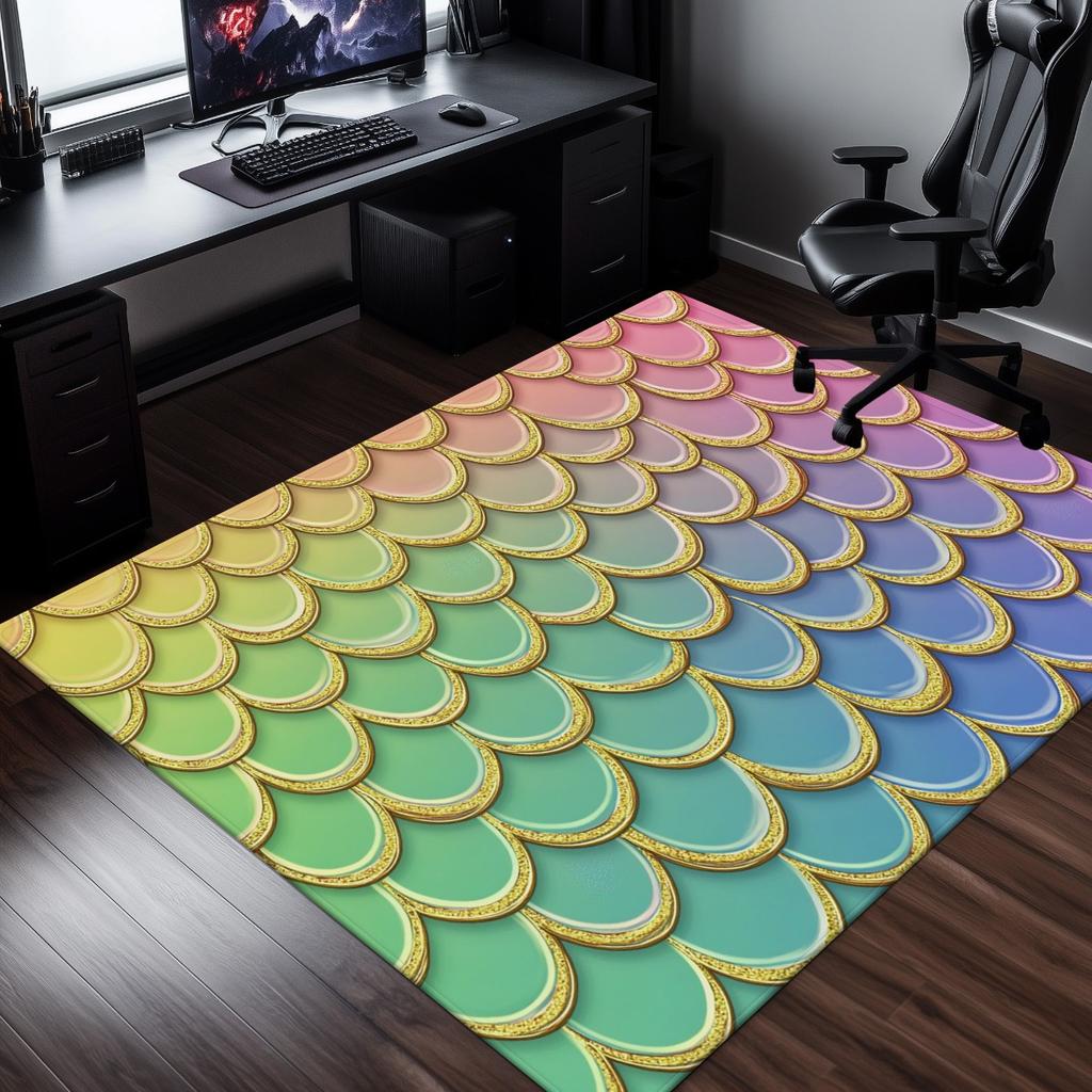 Rainbow Mermaid Scales Pattern Crystal Velvet Rug Colorful Kids Room Floor Mat Fairy Tale Design Playroom Decor Soft Carpet
