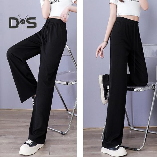 Damen Freizeithose, elastische Taille, verstellbarer Kordelzug, einfarbig, lange Hose aus Eisseide, weites Bein, drapierte Hose, Streetwear