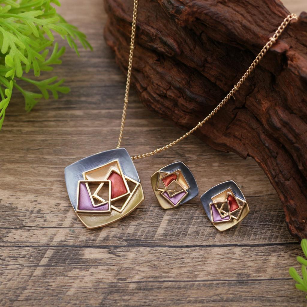 Nouveau set de boucles d'oreilles pendantes géométriques carrées creuses en émail coloré, collier polyvalent personnalisé pour femmes