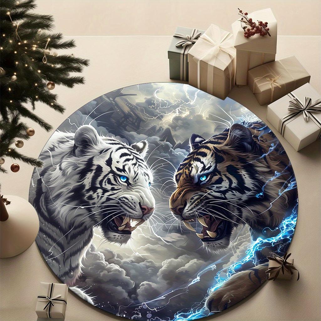 1pc Festive Black and White Tiger Print Round Area Rug - Perfect for Living Room, Bedroom or Den - Crystal Velvet
