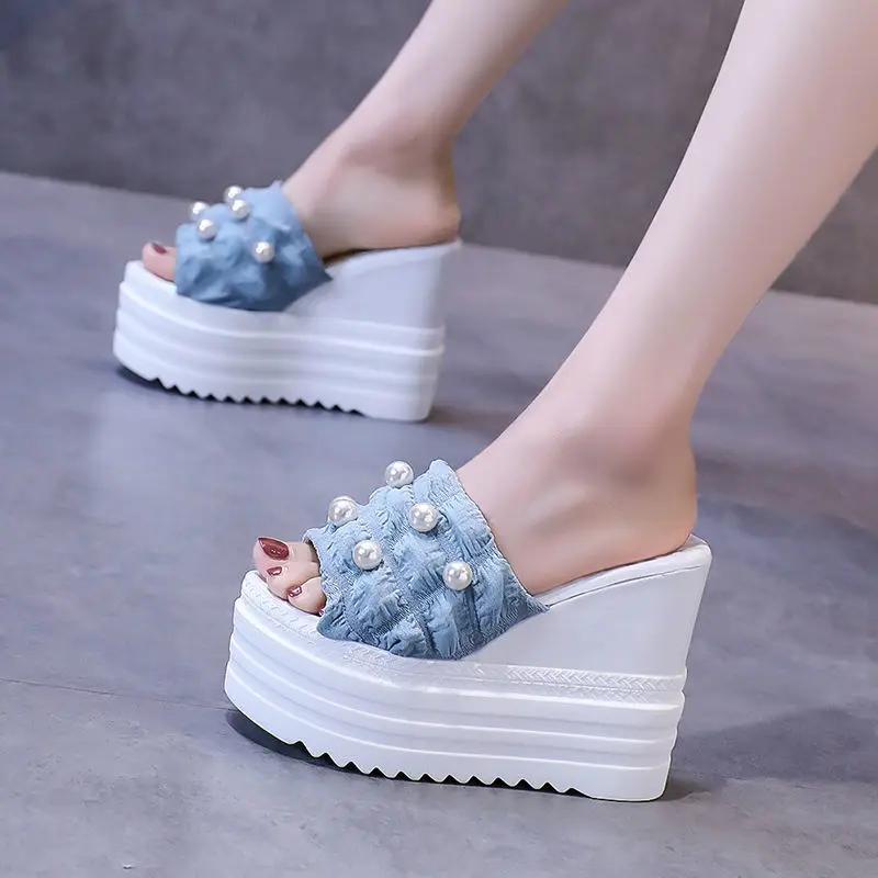 

Fashion High Heels Ladies Slippers Women Casual Wedges Platform Shoes Fashion Open Toe Height Increasing Woman Beach Slide Slippers 39 синий