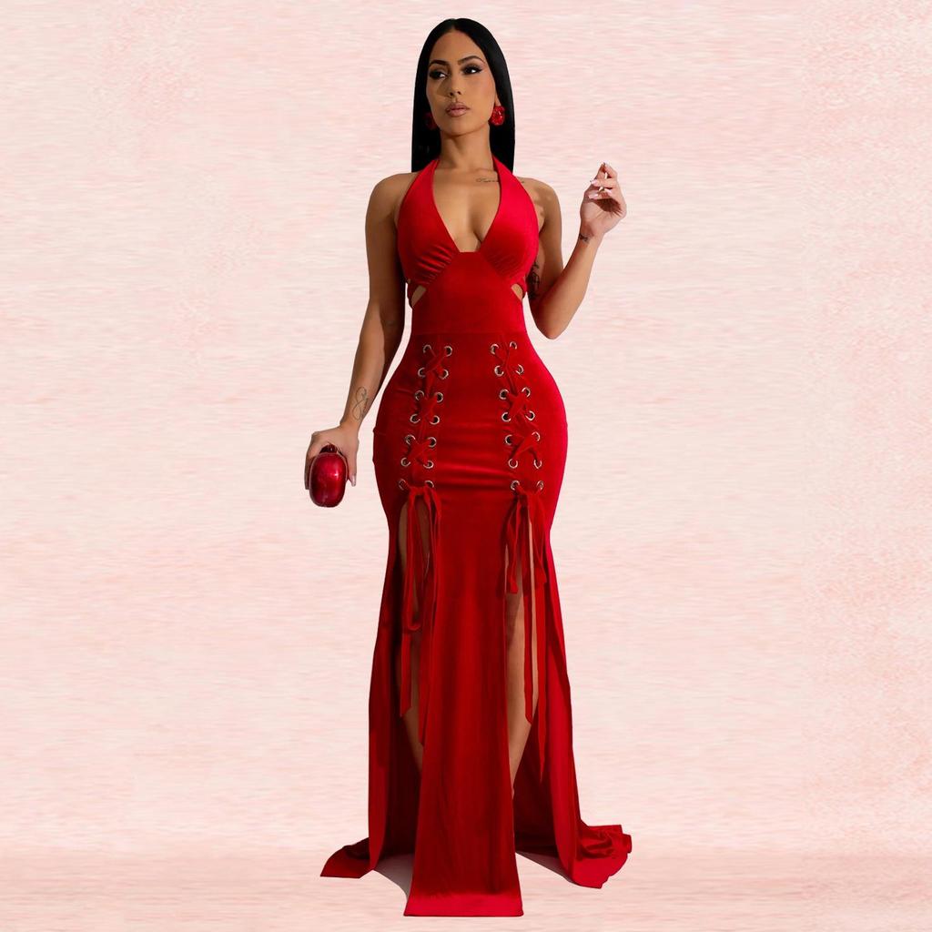 Women's Halter Backless Sexy Slit Long Dress - European and American Fashion
