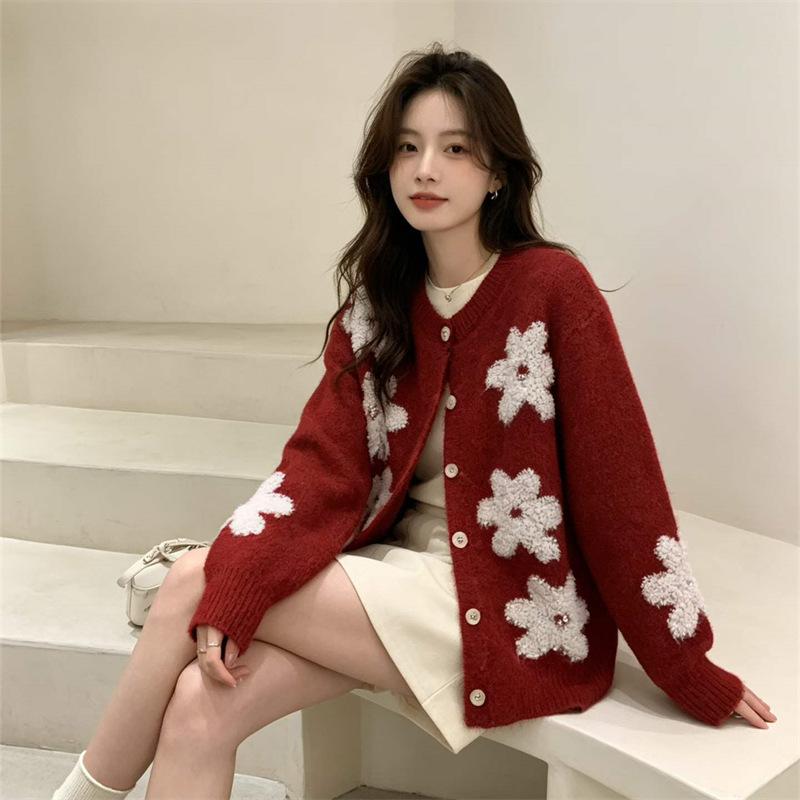 Korean retro embroidered flower sweater cardigan women's autumn and winter loose soft waxy gentle casual knitted coat top