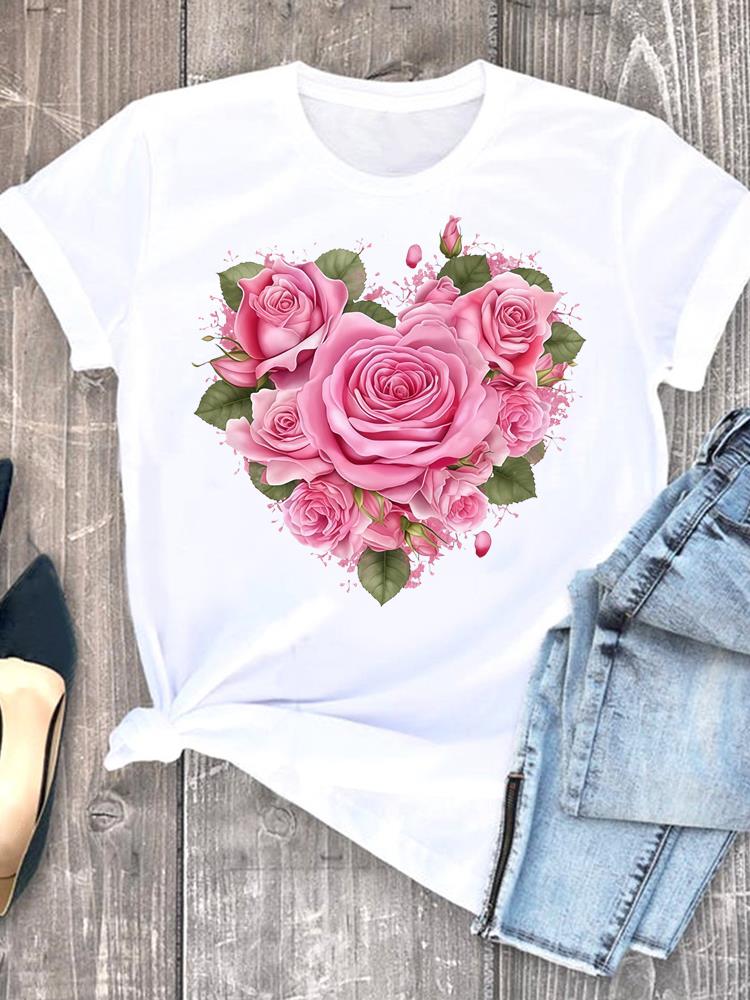 (Asian Size) flower sweet 90s  Short Sleeve T-shirts Lady Female Top Printed Fashion Clothing Women Graphic Casual T Shirt Tee