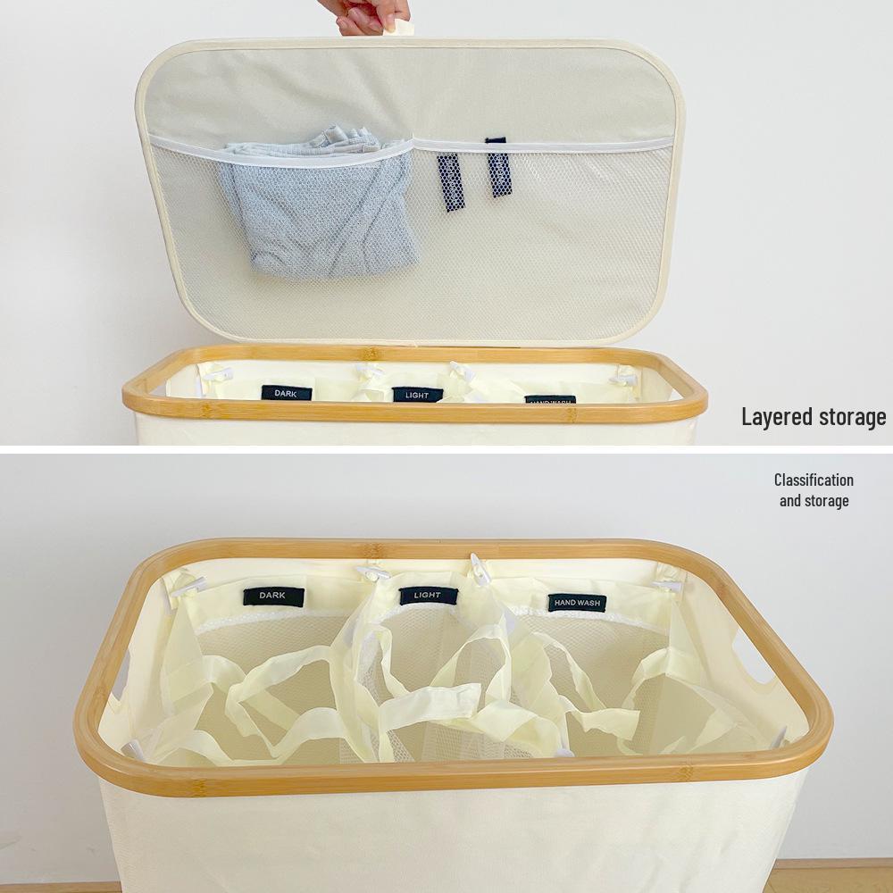 Large-Capacity Bamboo Laundry Hamper with Classification Labels and Lid