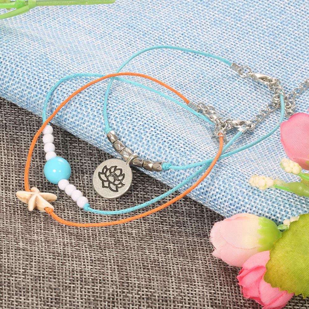 Bracelet, Creative Bohemian Starfish Turquoise Blue Bead Lotus Bracelet Set